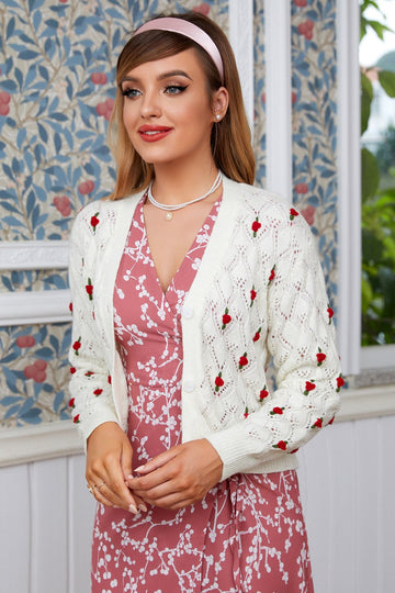 Crochet Flower Hollow V-Neck Cardigan